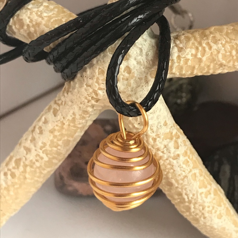 Rose quartz necklace wire wrapped pendant